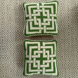 Trina Turk Needlepoint Pillows (2) Green + cream colored Greek key design 11x11”